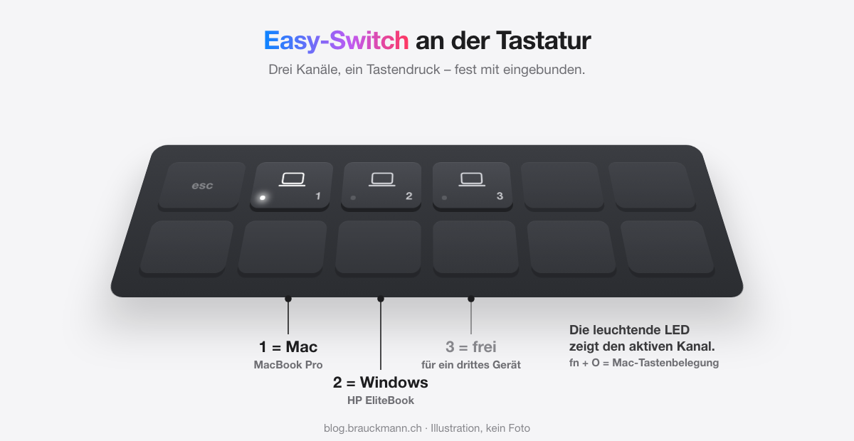 Detail-Illustration der Easy-Switch-Tasten: 1 = Mac, 2 = Windows, 3 = frei