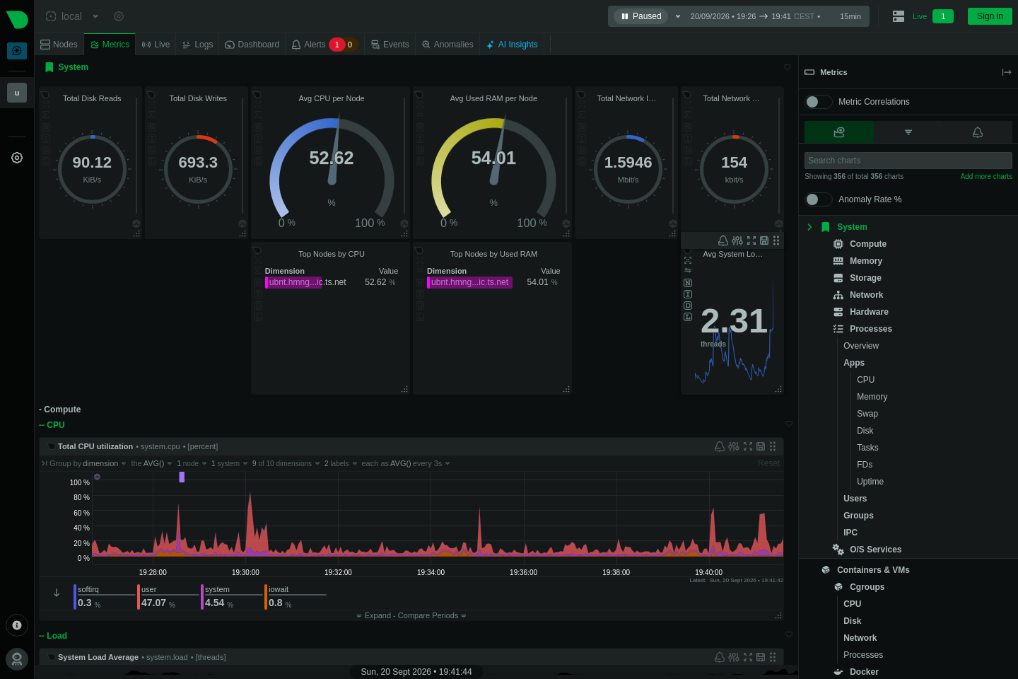 Netdata-Dashboard mit CPU-, RAM- und Netzwerk-Kacheln